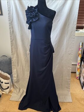 Aqua One-Shoulder Navy Ruffle Evening Gown